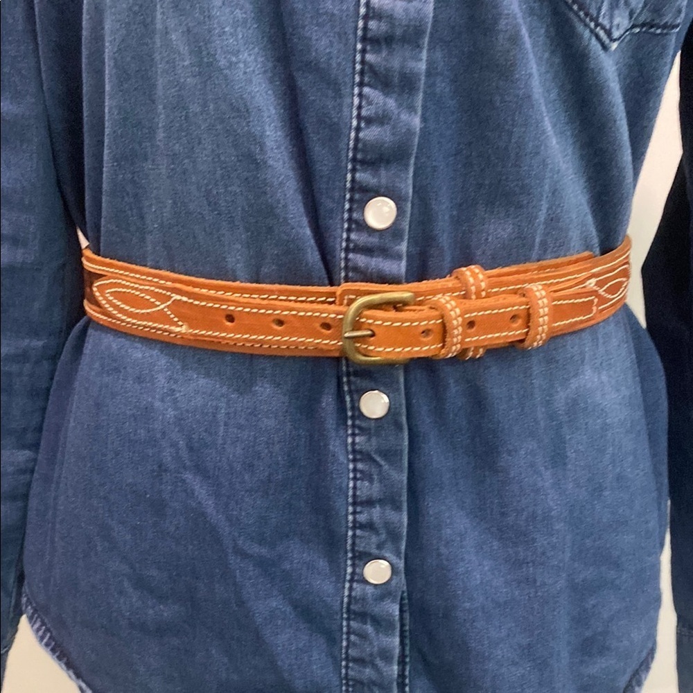 Brown Leather Belt with Stitch Detailing Western Coastal Preppy Festival